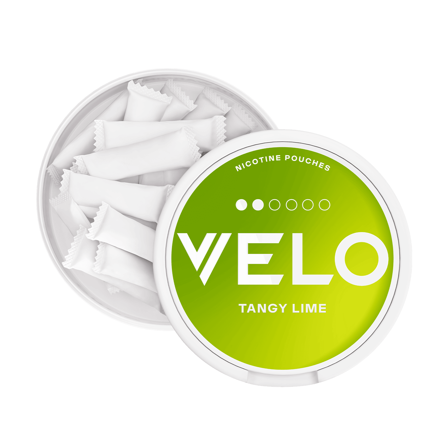 Un envase redondo y abierto de color blanco de VELO Tangy Lime revela varias bolsitas blancas en su interior. La tapa presenta un degradado verde con texto en negrita, que resalta el sabor a lima ácida y la nicotina afrutada de cada bolsa.